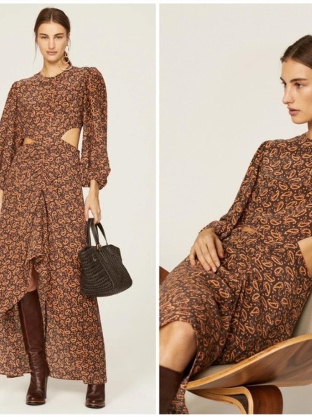 Maje Brown and Tan Paisley Maxi Skirt